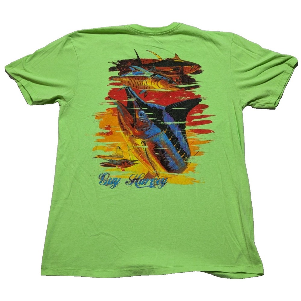 Guy Harvey Lime Green Chainsaw T-Shirt - Men Large Awesome Graphic